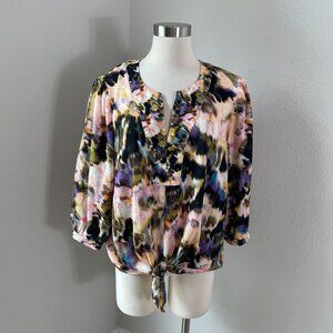 Rose + Olive Womens Plus 1X Blouse With Tie Front Detail 3/4 Sleeve Shirt Top